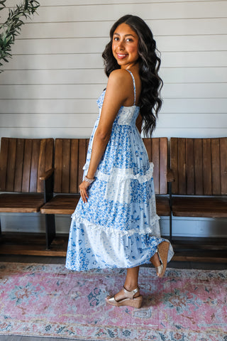 Feminine Frills Ruffle Midi • Blue Floral