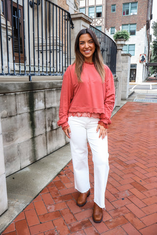 Effortless Charm Ruffle Trim Pullover • Coral