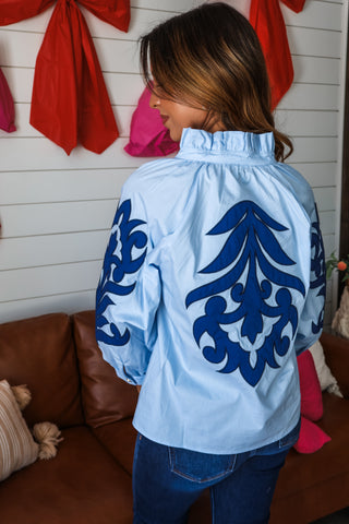 Ivy Embroidered Poplin Top • Light Blue