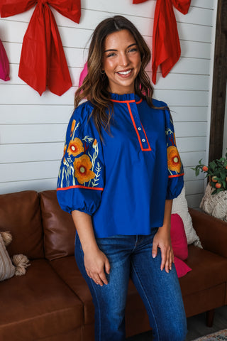 Bright Blooms Embroidered Top • Navy