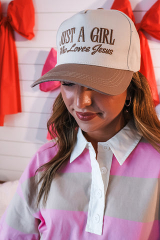 Just A Girl Who Loves Jesus Trucker Hat • Mocha