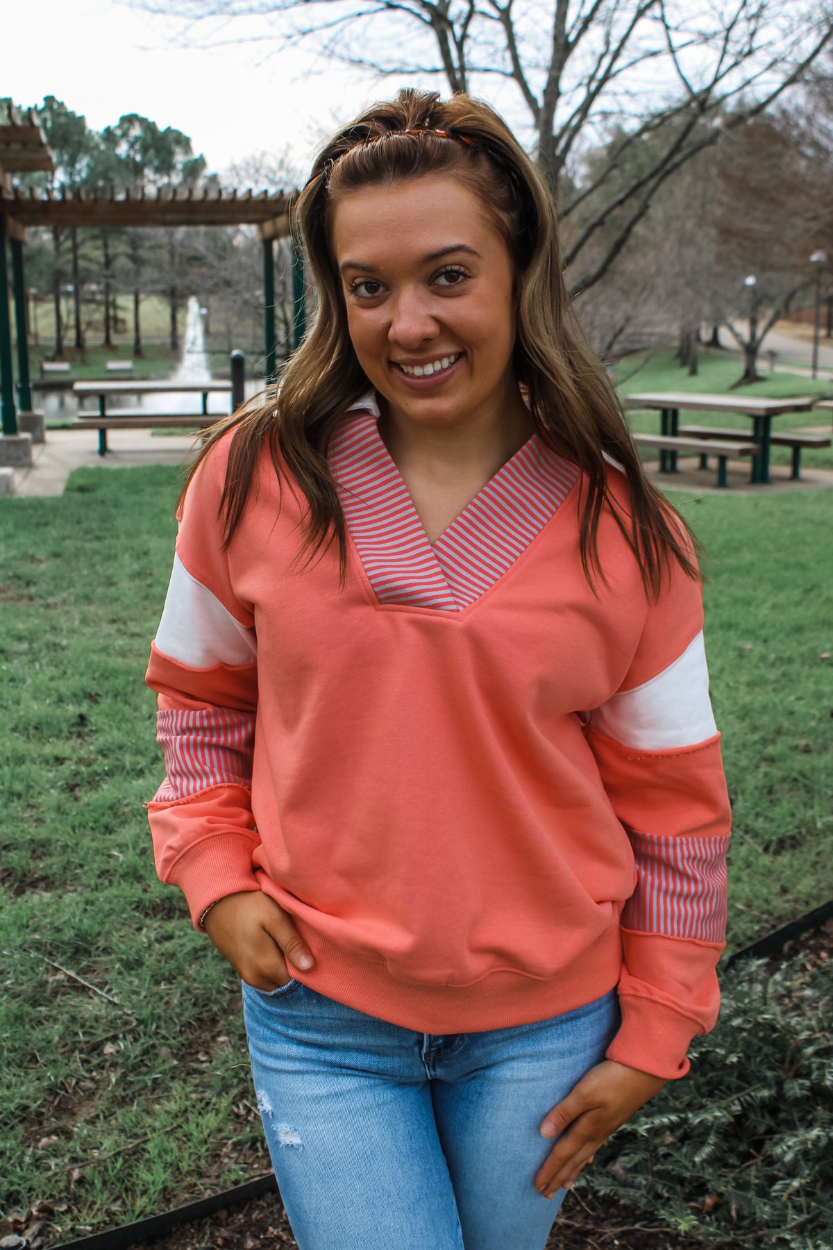 Leighton Polo Striped Pullover • Coral