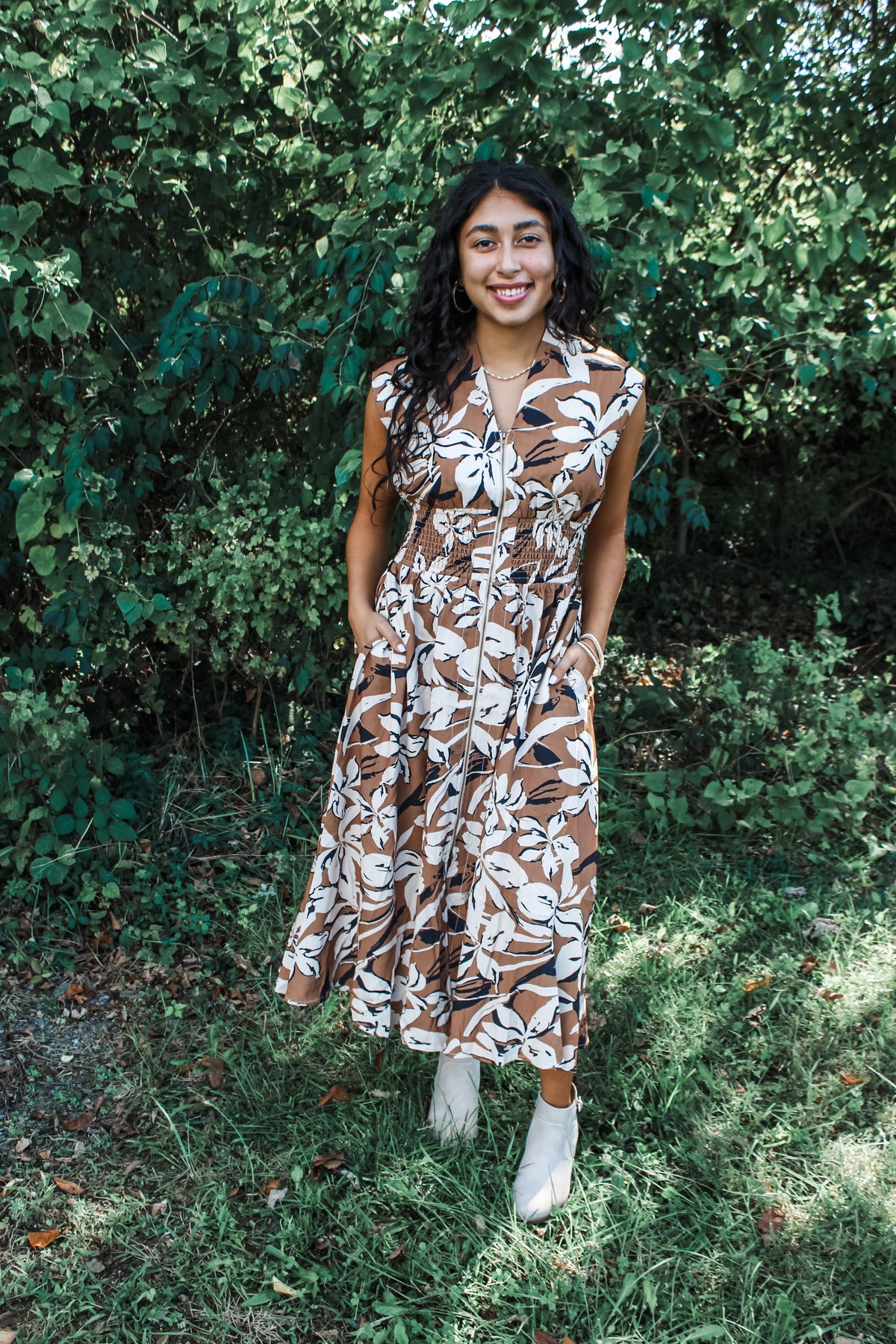 Falling Leaves Front Zip Dress • Caramel