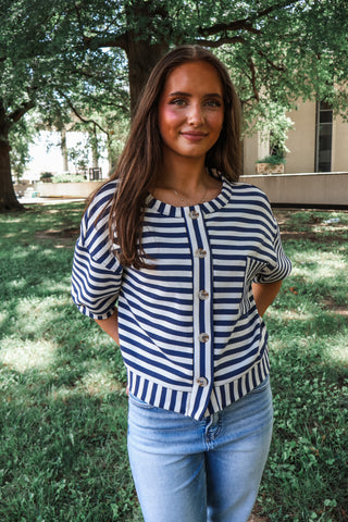 Match Point Cardigan Top • Navy Stripe