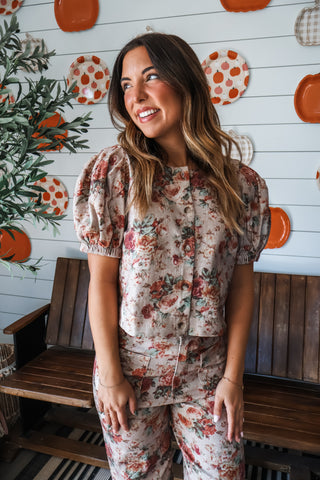 Harvest Blooms Denim Top • Mocha