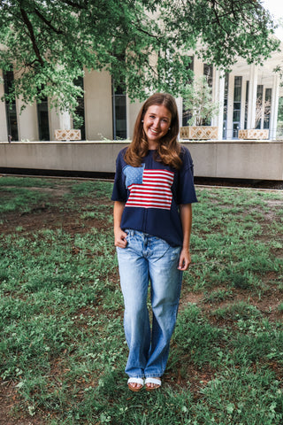 Patriotic Note Patchwork Top • Navy