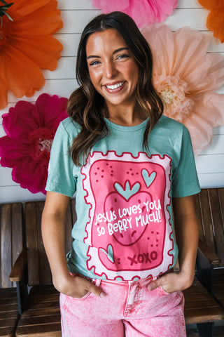 Jesus Loves You Berry Much Graphic Tee • Sage