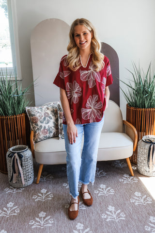 Fall Frenzy 27 • Wine Floral Embroidered Top - FINAL SALE