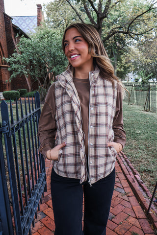 By The Fireside Plaid Puffer Vest • Tan