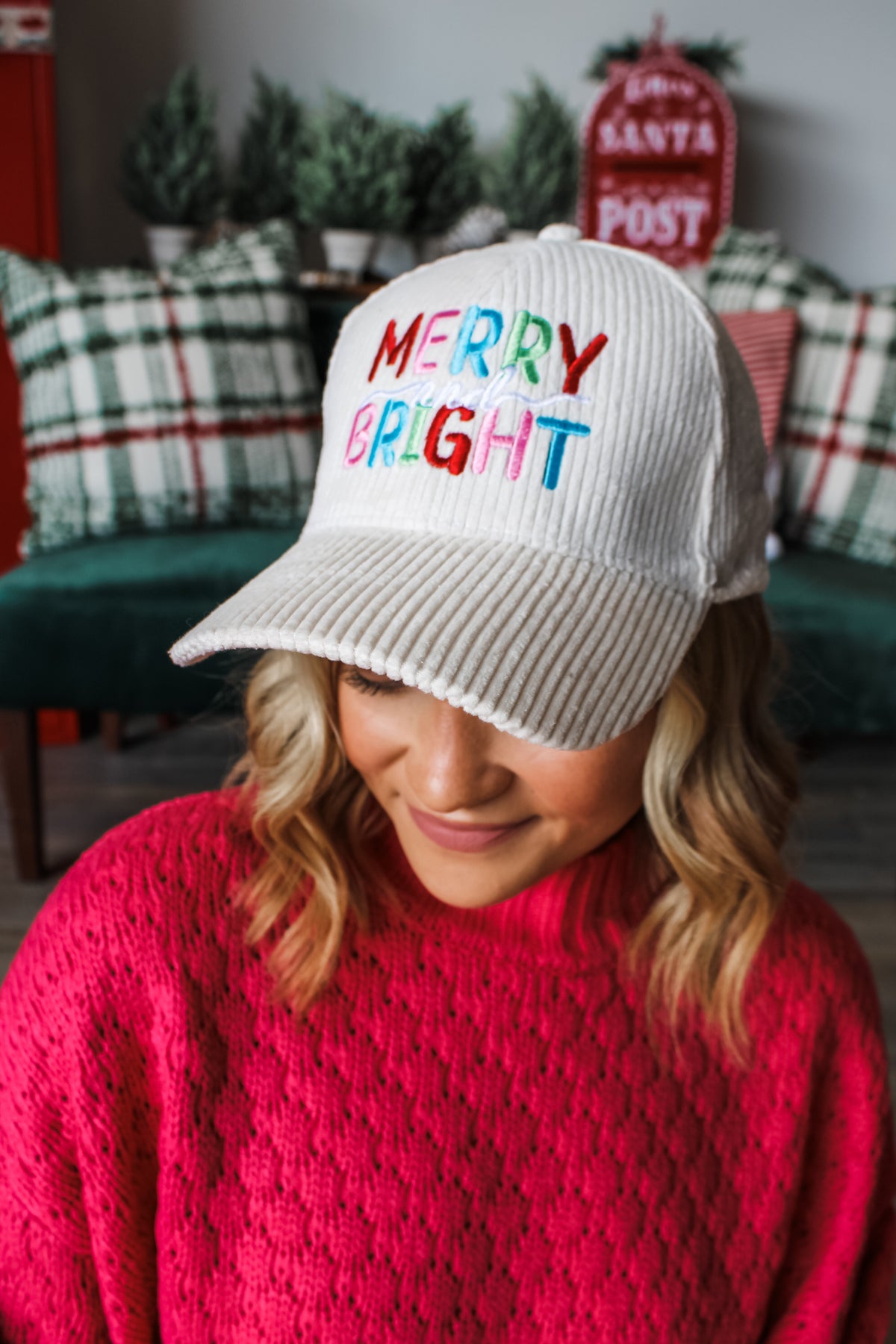 Merry & Bright Embroidered Hat • Cream