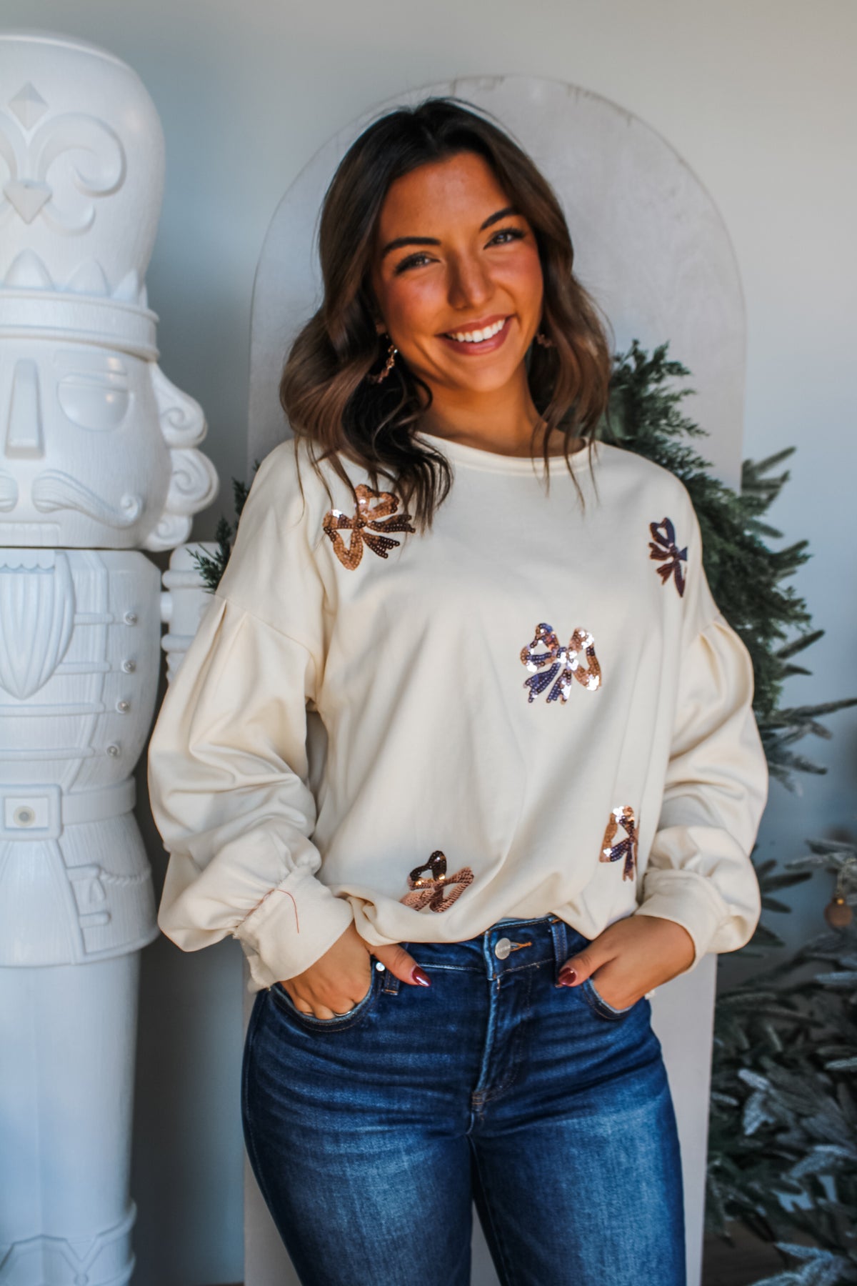 Sparkle & Shine Sequin Bow Top • Cream