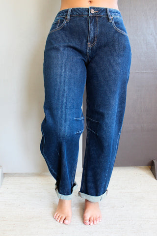 Rocelyn Pinstripe Barrel Jean • Dark Wash