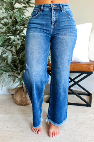 Shayla Frayed Hem Wide | Tummy Control • Dark Wash