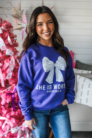 She Is Worthy Graphic Sweatshirt • Purple