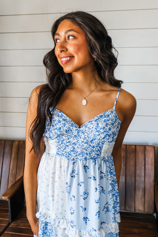 Feminine Frills Ruffle Midi Blue Floral The Dirt Road (TDR) Feminine Frills Ruffle Midi Blue Floral The Dirt Road (TDR)