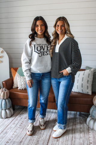 Just A Girl Who Loves Jesus Graphic Sweatshirt • Ash Grey