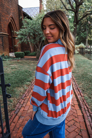 Hadley Striped Mock Pullover • Blue/Rust