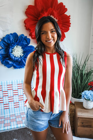 Firecracker Stripe Peplum Top • Red
