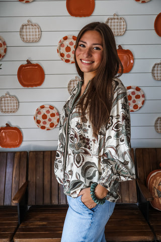 Autumn Woods Velvet Trim Top • Olive