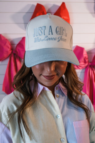 Just A Girl Who Loves Jesus Trucker Hat • Frost Blue