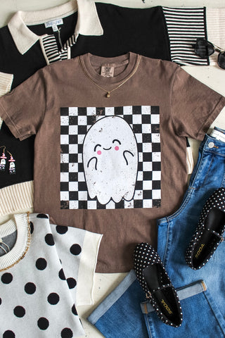 Friendly Ghost Checkerboard Graphic Tee • Mocha