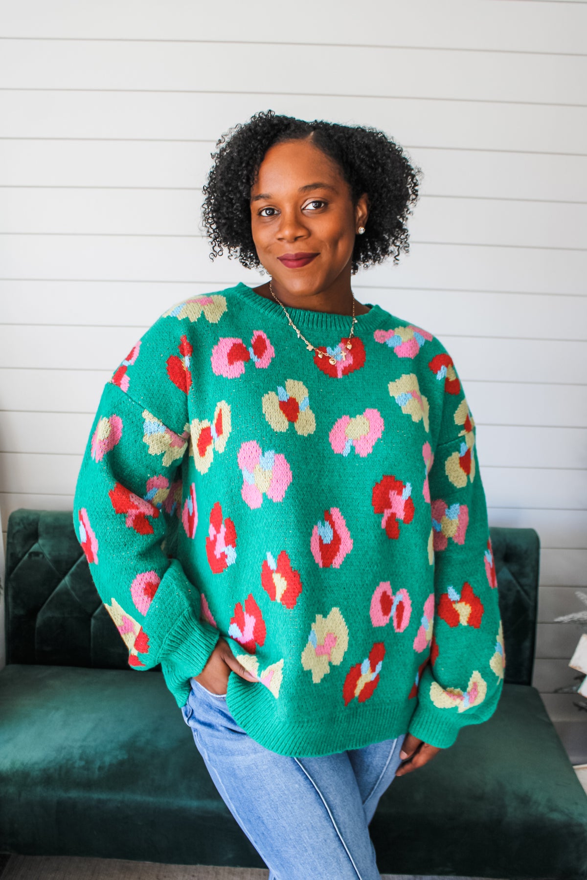 Pop Of Fun Floral Sweater • Green - PLUS