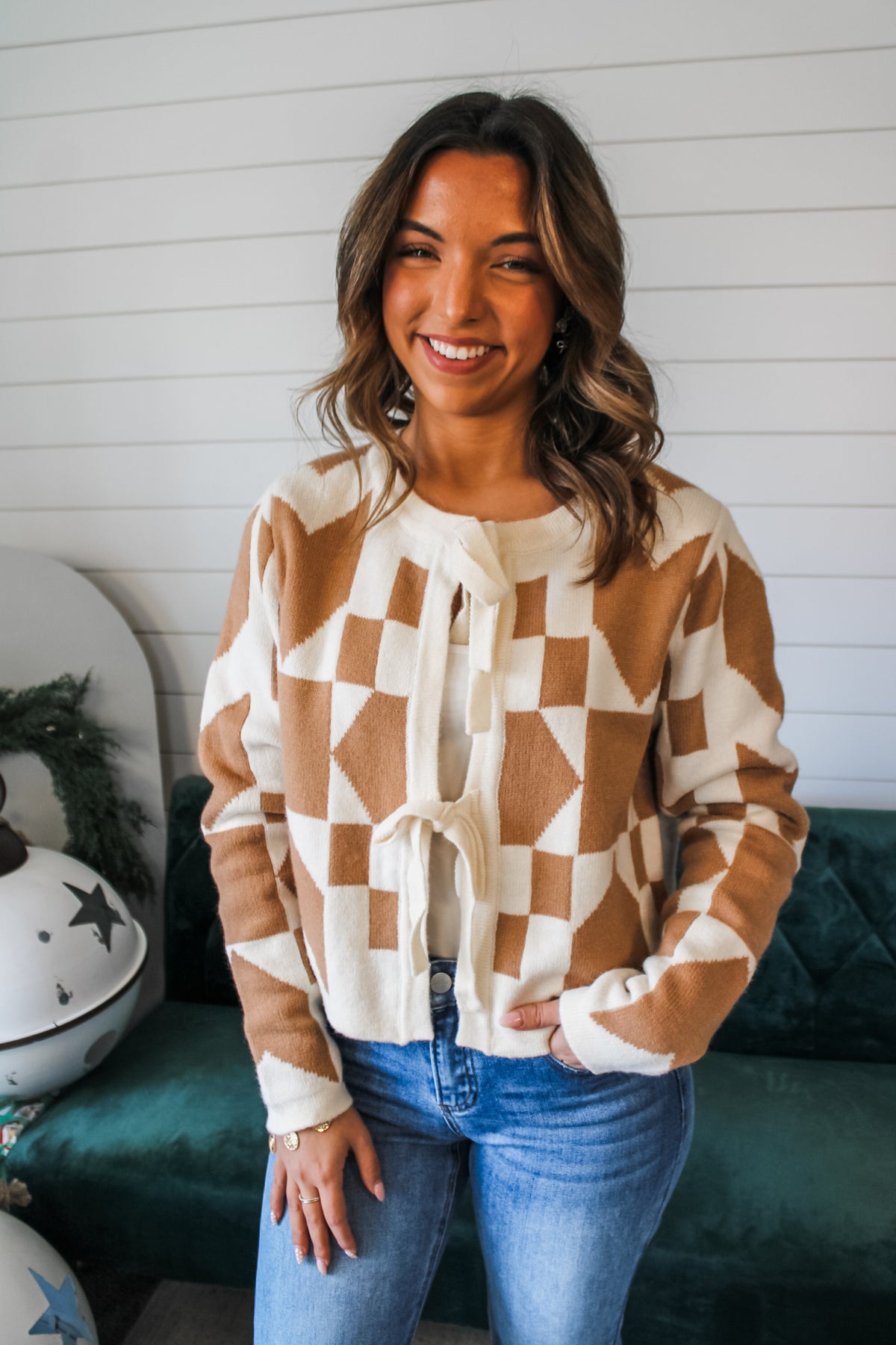 Pop Of Cheer Printed Cardigan • Camel