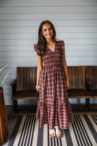 Plaid Perfection Ruffle Midi • Wine