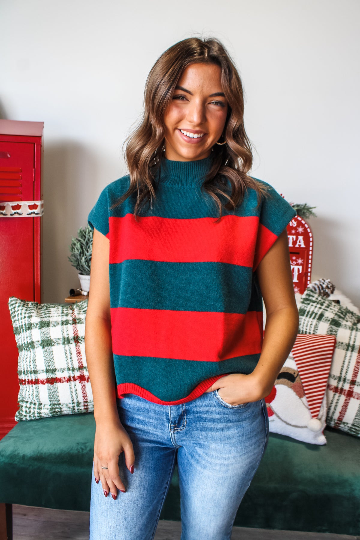 Season Of Joy Stripe Sweater • Spruce/Red