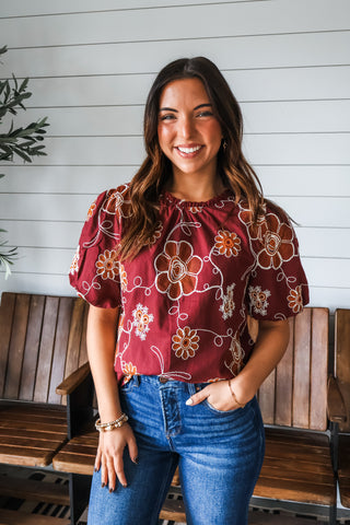 Fall In Bloom Embroidered Top • Wine
