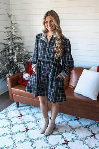 Festive Frills Shirt Dress • Navy Plaid