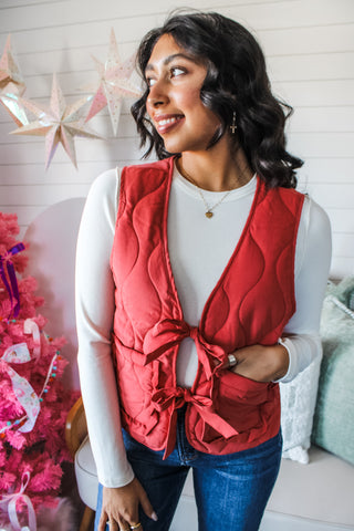 Tie It Together Quilted Bow Vest • Pale Red