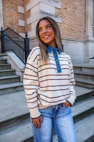 Striped Study Polo Sweater • Cream