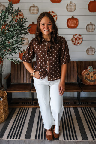 Polka Dot Perfection Bow Blouse • Brown