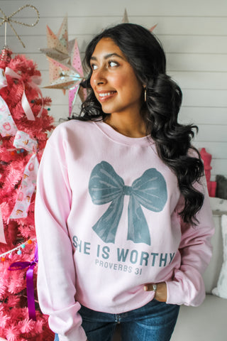 She Is Worthy Graphic Sweatshirt • Light Pink