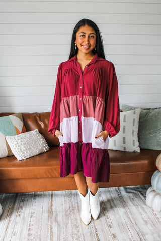 Twirl Around Ruffle Dress • Wine Multi