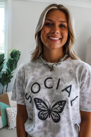 Social Butterfly Graphic Tee • Tie Dye Grey