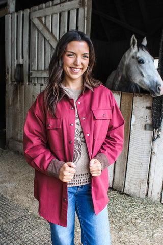 Day In The Country Contrast Shacket • Burgundy