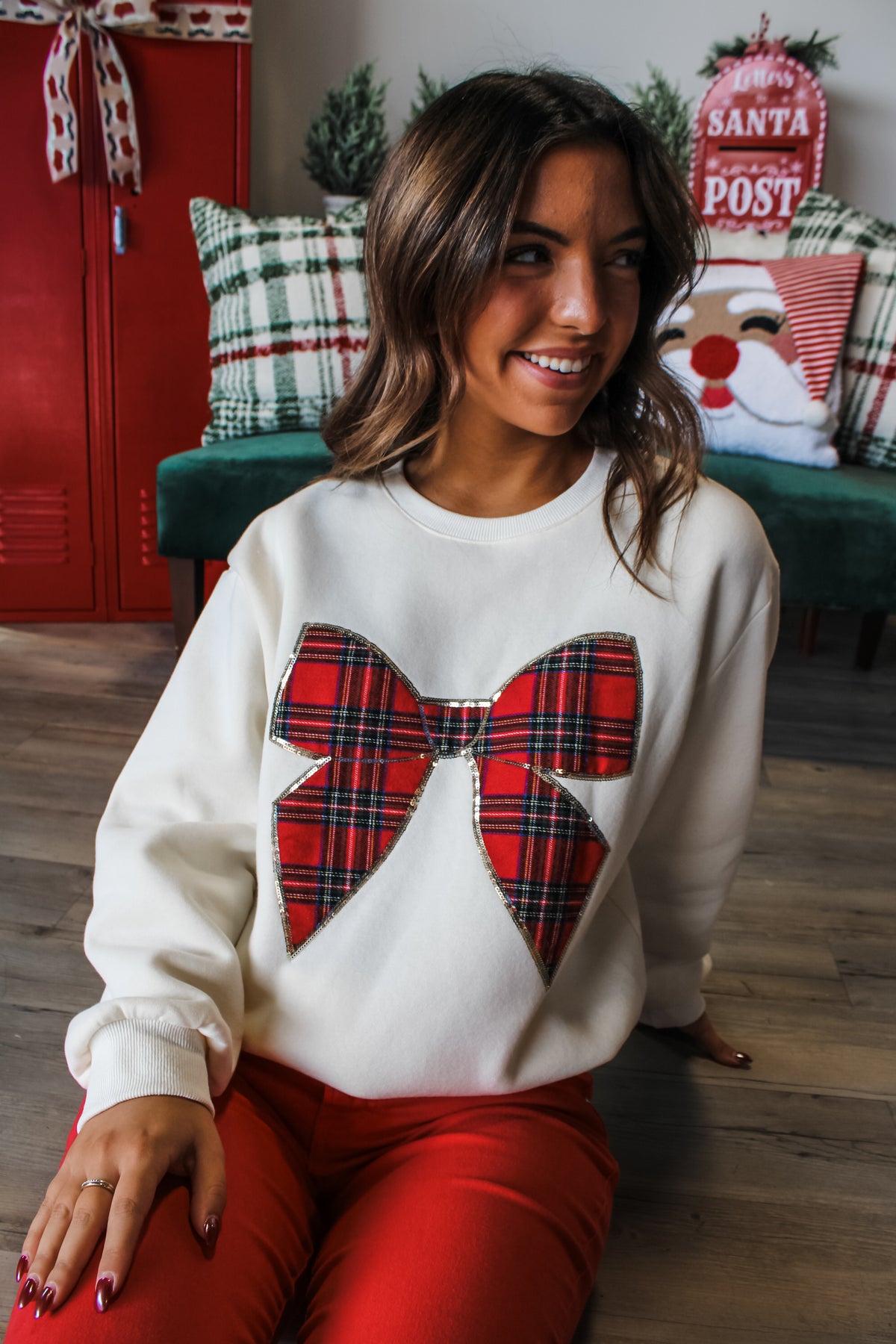 Happy Holidays Plaid Bow Sweatshirt • Cream