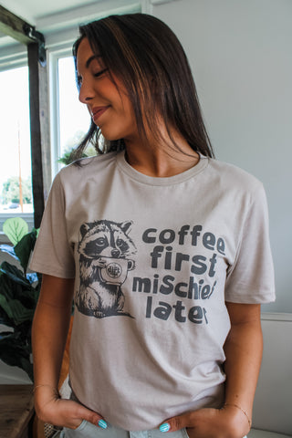 Coffee First Mischief Later Graphic Tee • Tan