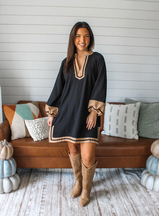 Elegant Contrast Caftan Dress • Black