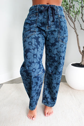 Ainslee Floral Print Barrel Jean • Dark Wash