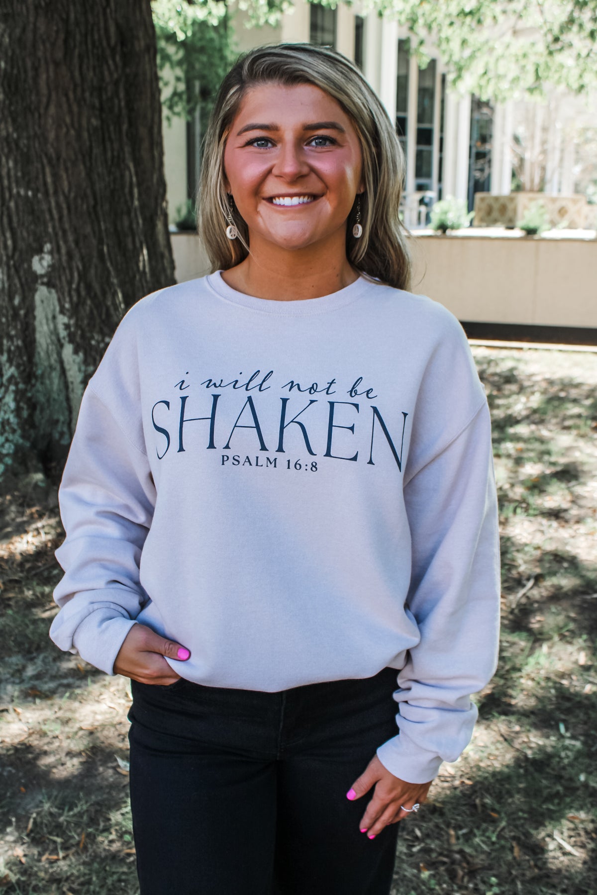 I Will Not Be Shaken Graphic Sweatshirt • Latte