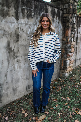 Christmas Past Cardigan Sweater • Navy Stripe