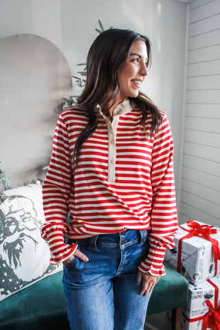 Ruffled Up Henley Top • Red Stripe