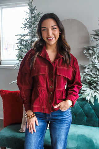 By The Fireside Babydoll Button Up • Wine