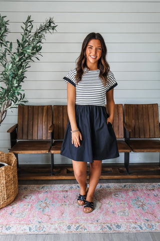 Effortlessly Styled Pocket Dress • Black Stripe