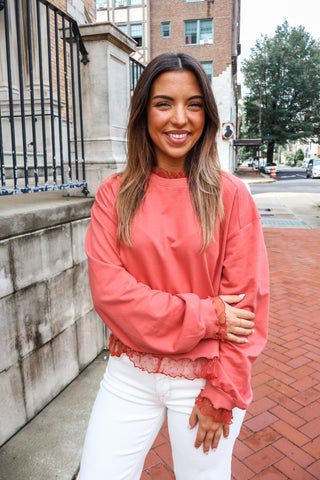 Effortless Charm Ruffle Trim Pullover • Coral