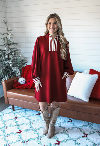 Toast To You Striped Trim Dress • Maroon