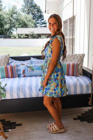 Daisy Darling Ruffle Dress • Blue Floral